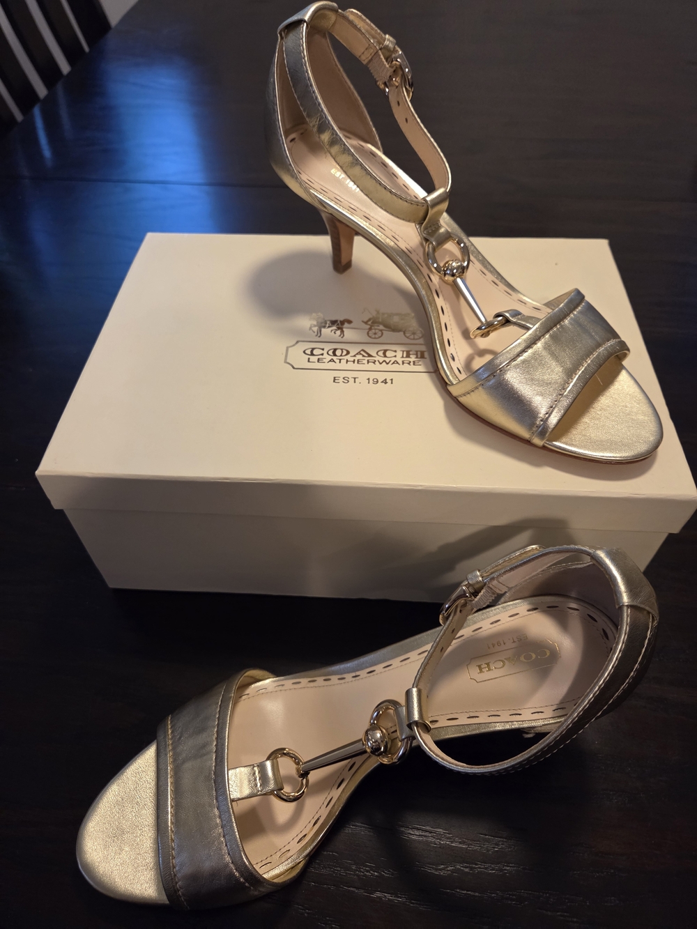 Coach Metallic Gold T-Strap Mid-Heel Sandals